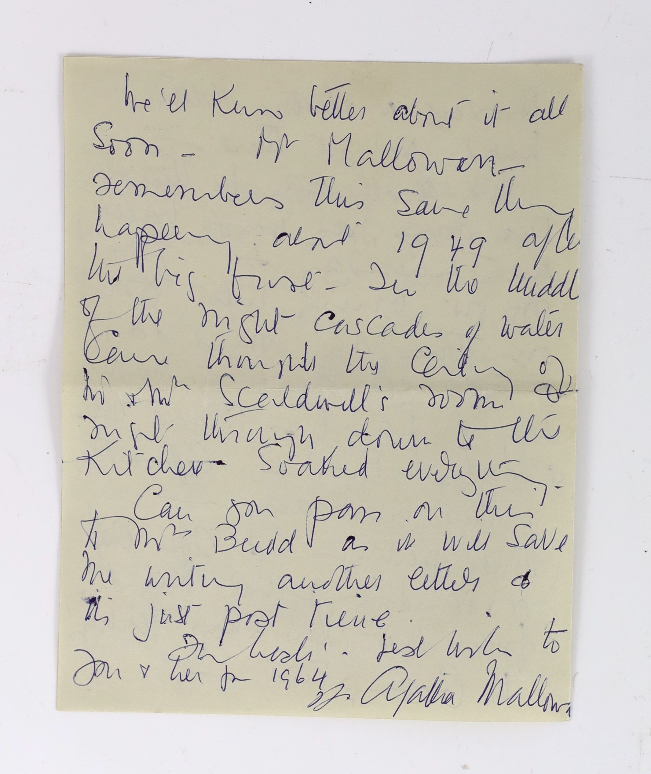 A manuscript letter to Mrs Elliot from Agatha Christie on Winterbrook House notepaper